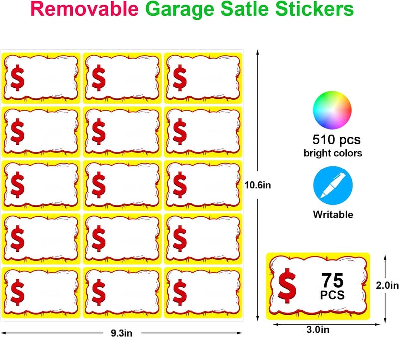 Darfukei 510 PCS Removable Garage Sale Price Stickers, 3"x2" Price Stickers for Yard Sales, Flea Markets, County Fairs & Retail Use, Pricemarker Labels, Colours Round Price Tags - Image 2